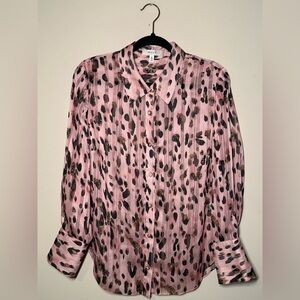 Milly Pink Metallic Leopard Blouse | Medium | Button Front Lurex Sheer Top